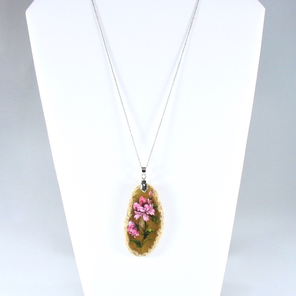 Agate Necklace, Hand-Painted Pendant, Floral - Picture 4 of 6